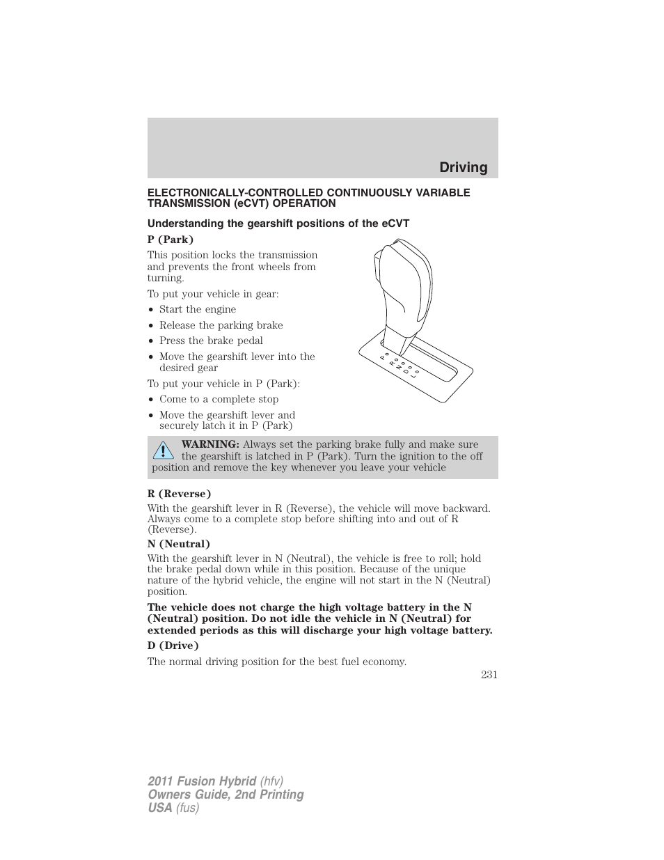 Understanding the gearshift positions of the ecvt, Transmission operation, Driving | FORD 2011 Fusion Hybrid v.2 User Manual | Page 231 / 345