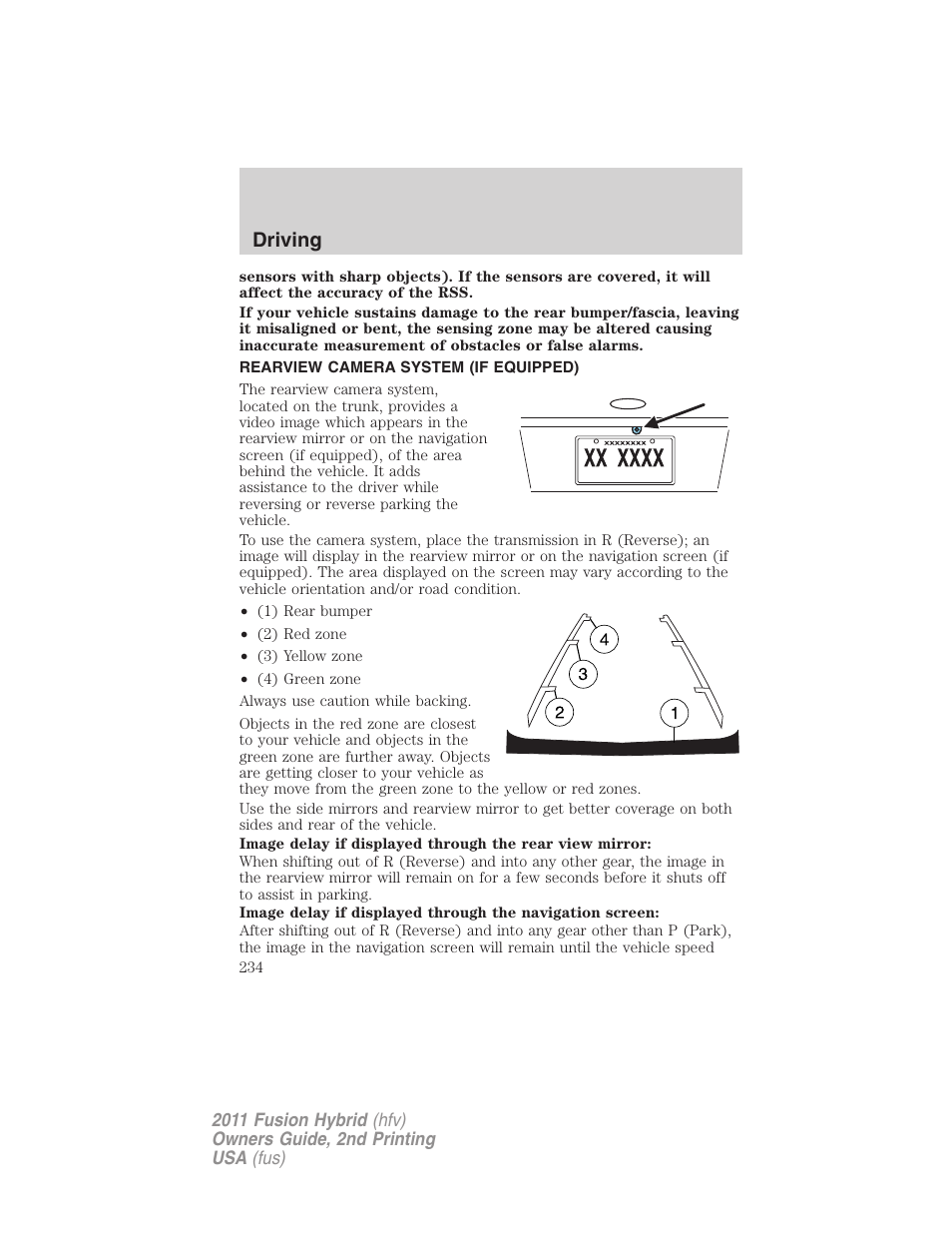 Rearview camera system (if equipped), Rear-view camera system, Driving | FORD 2011 Fusion Hybrid v.2 User Manual | Page 234 / 345