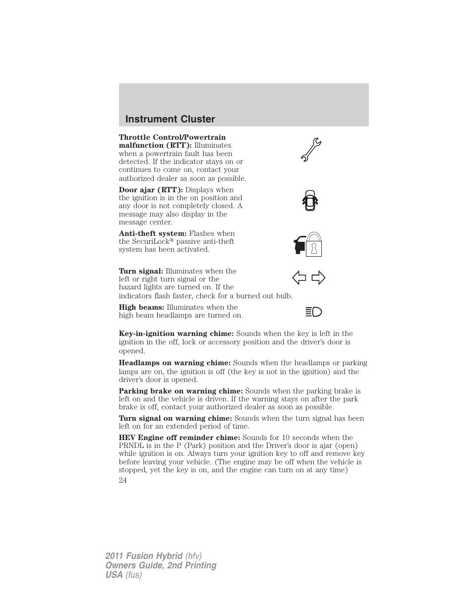 Instrument cluster | FORD 2011 Fusion Hybrid v.2 User Manual | Page 24 / 345