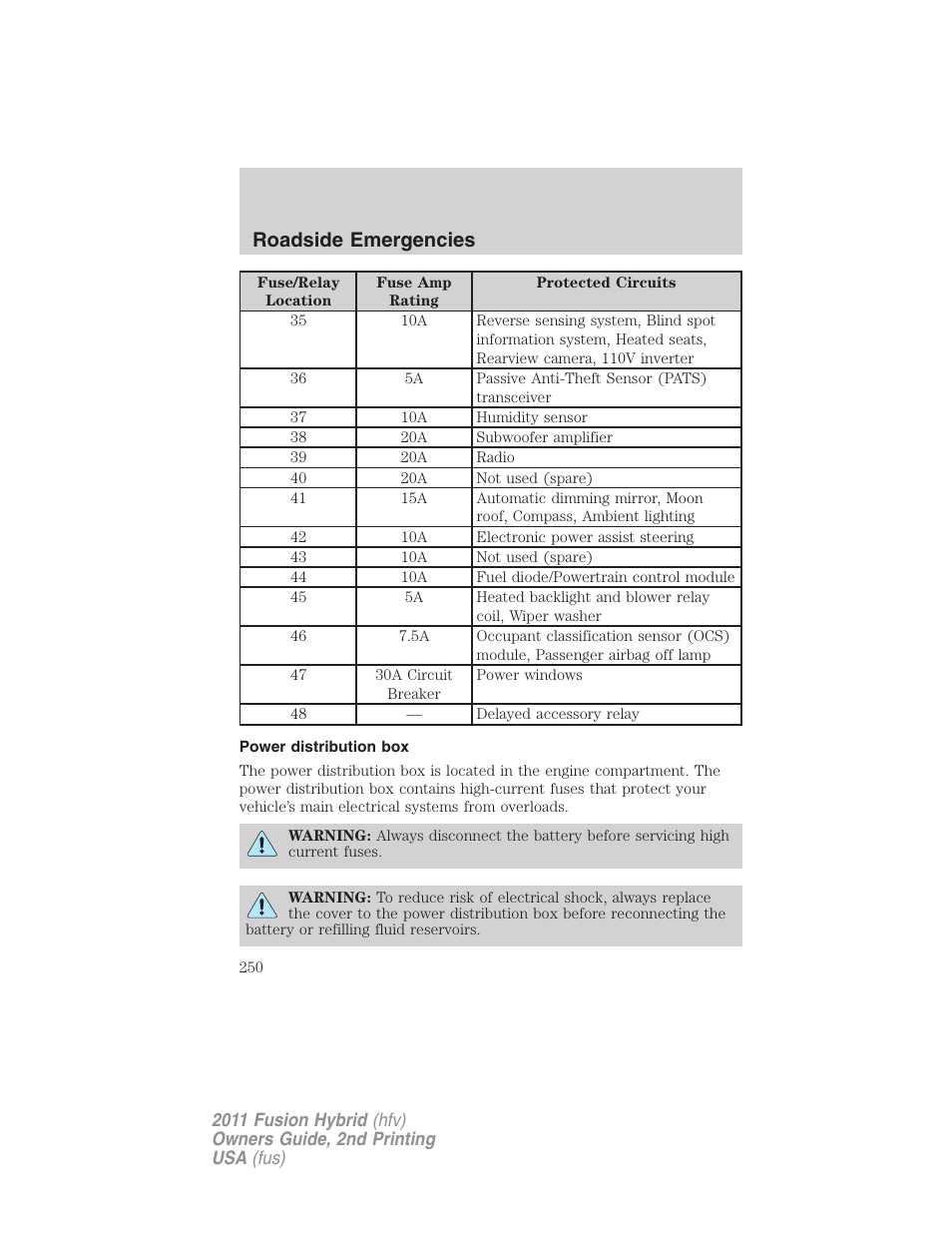 Power distribution box, Roadside emergencies | FORD 2011 Fusion Hybrid v.2 User Manual | Page 250 / 345