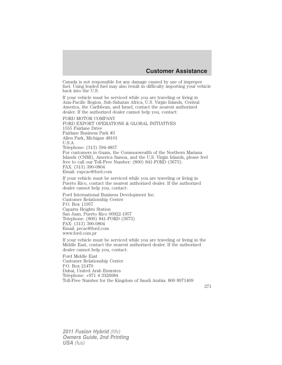 Customer assistance | FORD 2011 Fusion Hybrid v.2 User Manual | Page 271 / 345