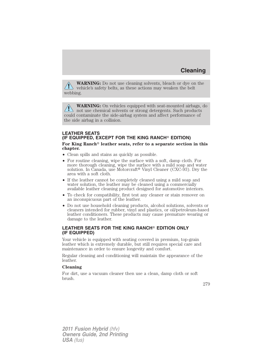 Cleaning | FORD 2011 Fusion Hybrid v.2 User Manual | Page 279 / 345