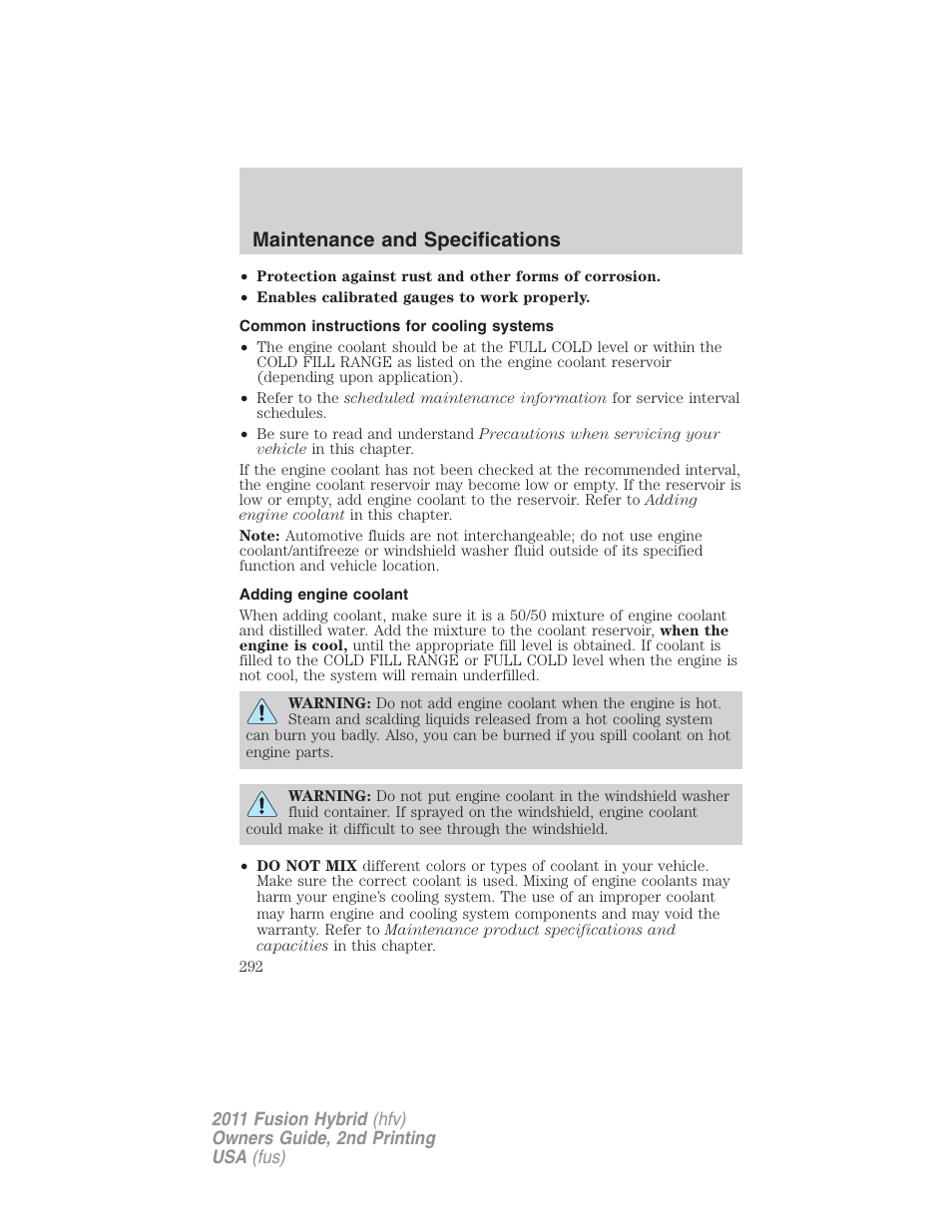 Common instructions for cooling systems, Adding engine coolant, Maintenance and specifications | FORD 2011 Fusion Hybrid v.2 User Manual | Page 292 / 345