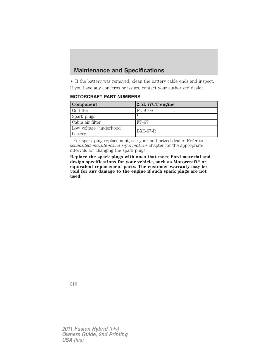 Motorcraft part numbers, Part numbers, Maintenance and specifications | FORD 2011 Fusion Hybrid v.2 User Manual | Page 310 / 345