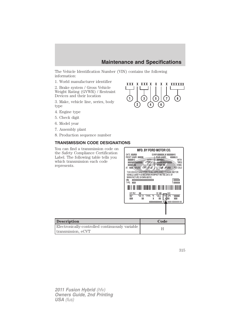 Transmission code designations, Maintenance and specifications | FORD 2011 Fusion Hybrid v.2 User Manual | Page 315 / 345