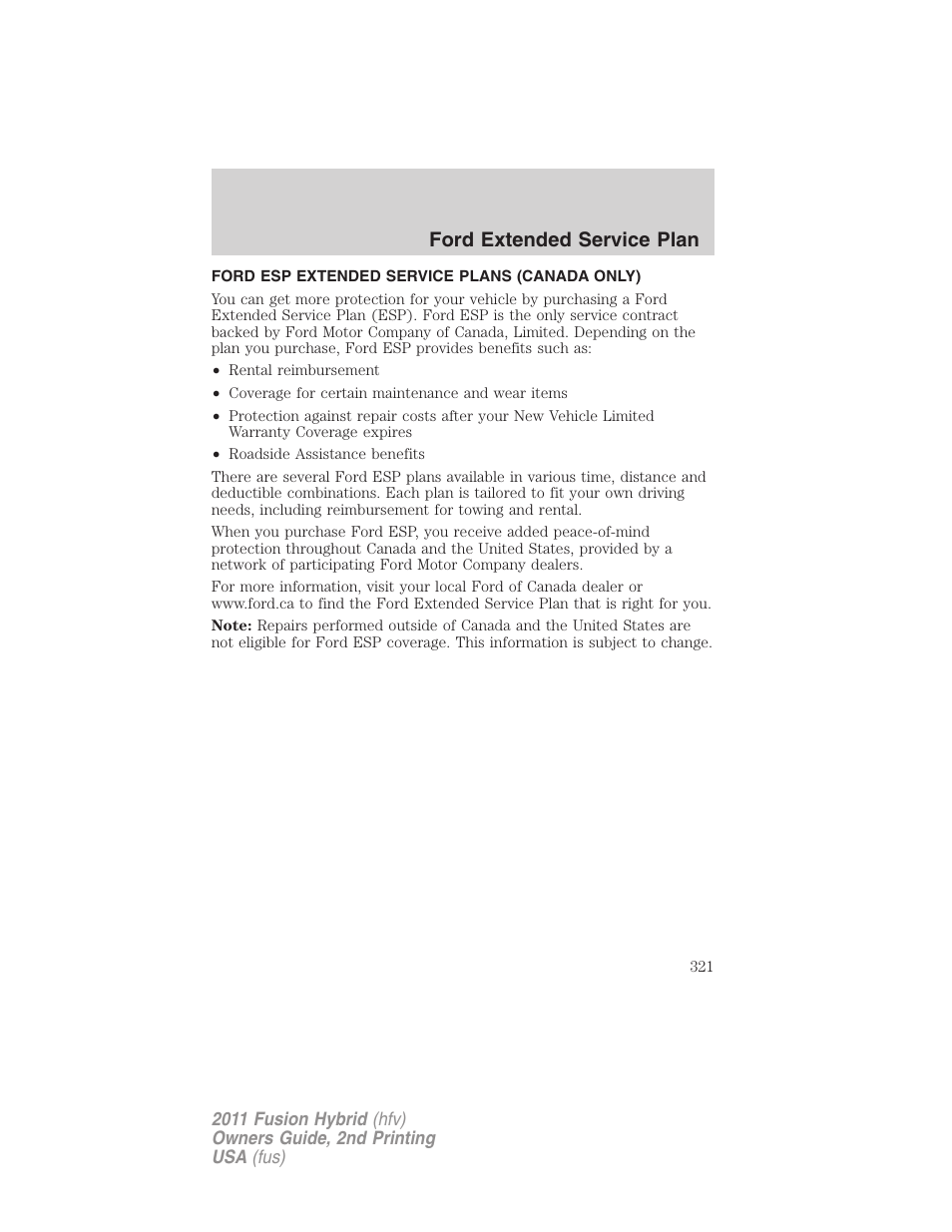 Ford esp extended service plans (canada only), Ford extended service plan | FORD 2011 Fusion Hybrid v.2 User Manual | Page 321 / 345
