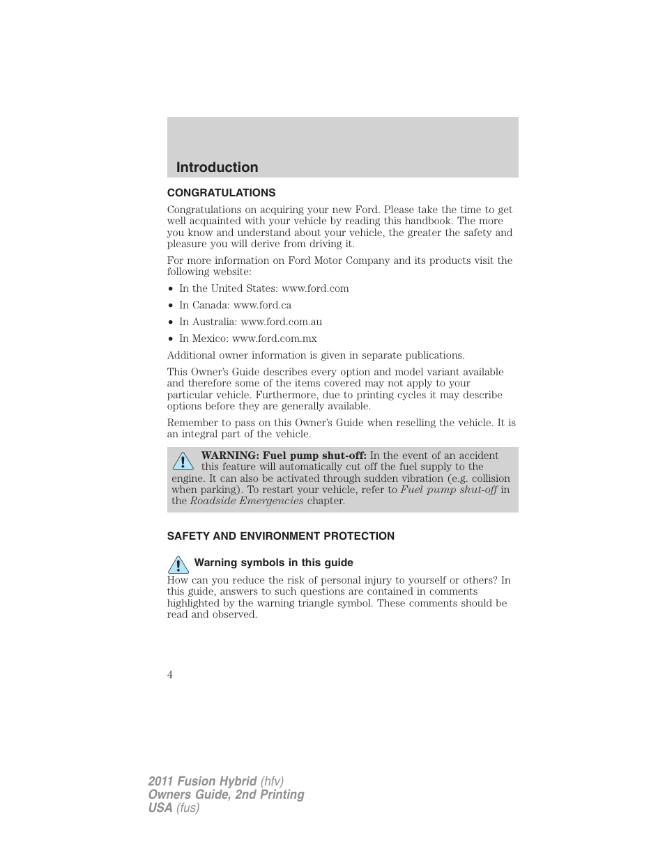 Introduction, Congratulations, Safety and environment protection | Warning symbols in this guide | FORD 2011 Fusion Hybrid v.2 User Manual | Page 4 / 345