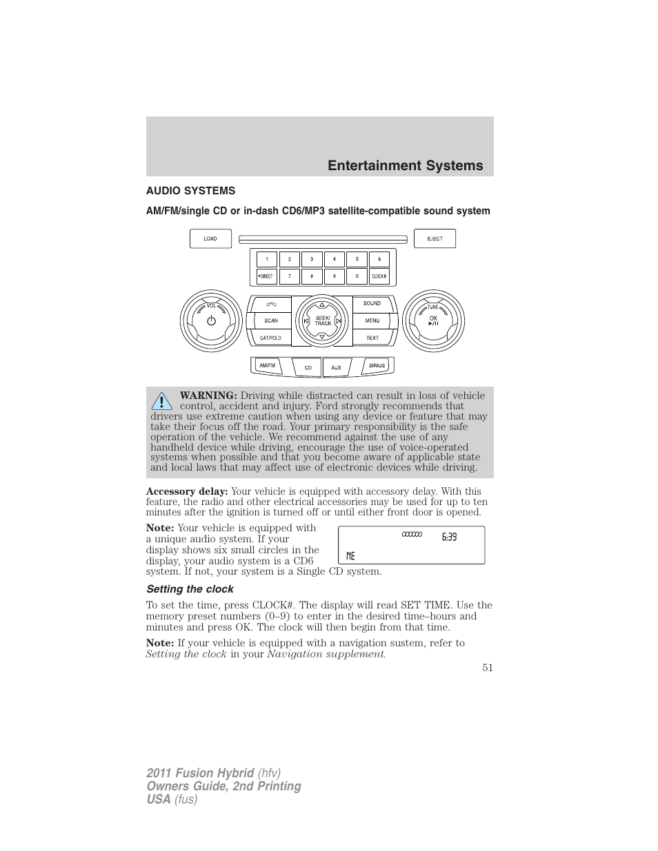 Entertainment systems, Audio systems, Setting the clock | Am/fm stereo with cd/mp3 | FORD 2011 Fusion Hybrid v.2 User Manual | Page 51 / 345