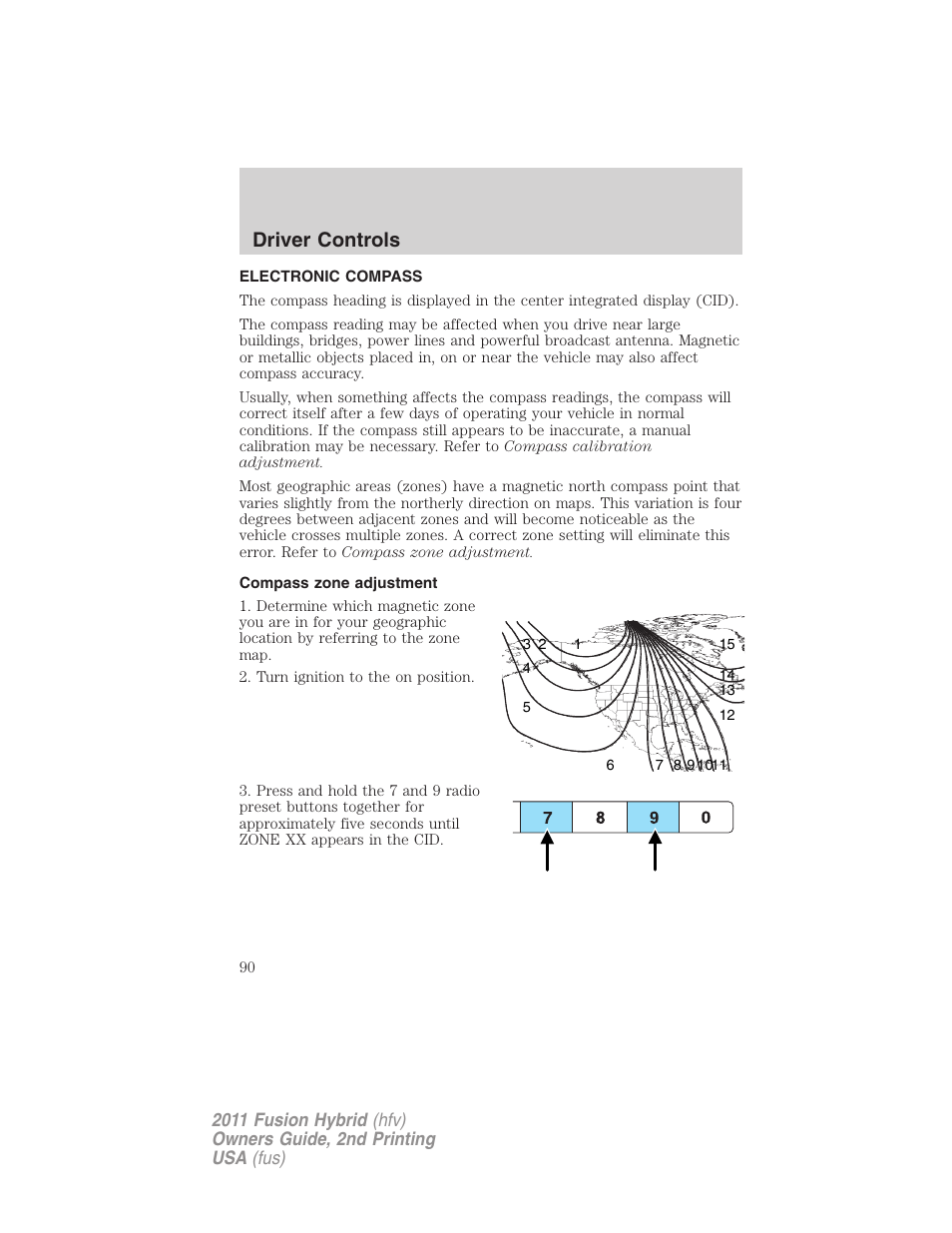 Electronic compass, Compass zone adjustment, Driver controls | FORD 2011 Fusion Hybrid v.2 User Manual | Page 90 / 345