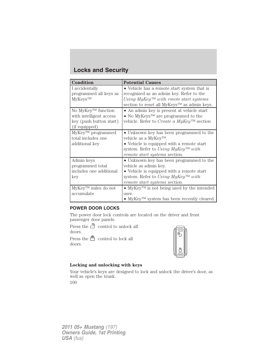 Power door locks, Locks, Locks and security | FORD 2011 Mustang v.1 User Manual | Page 100 / 348