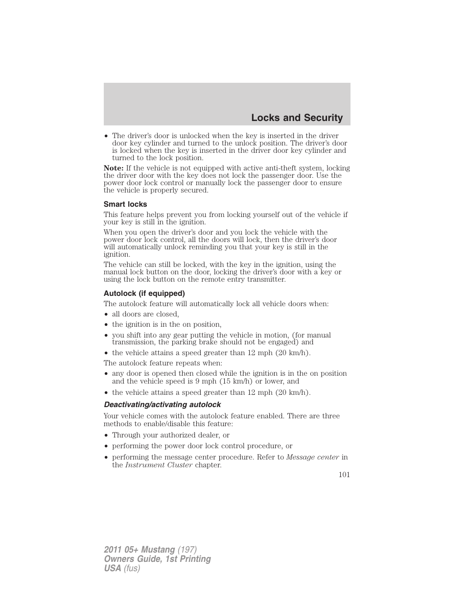 Smart locks, Autolock (if equipped), Deactivating/activating autolock | Locks and security | FORD 2011 Mustang v.1 User Manual | Page 101 / 348