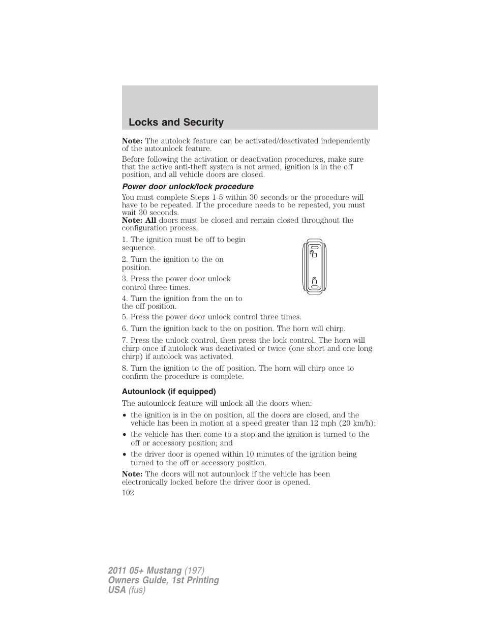 Power door unlock/lock procedure, Autounlock (if equipped), Locks and security | FORD 2011 Mustang v.1 User Manual | Page 102 / 348