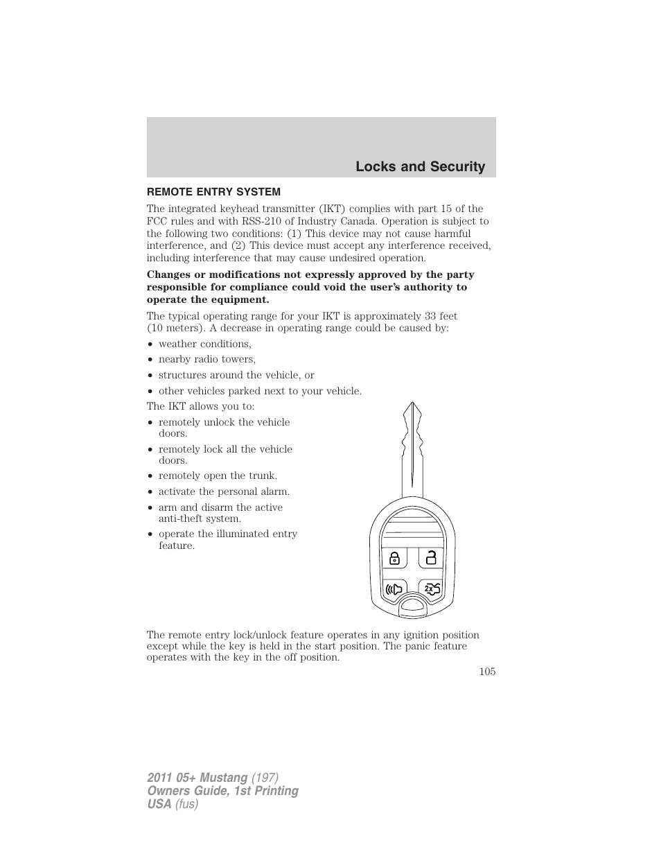 Remote entry system, Locks and security | FORD 2011 Mustang v.1 User Manual | Page 105 / 348