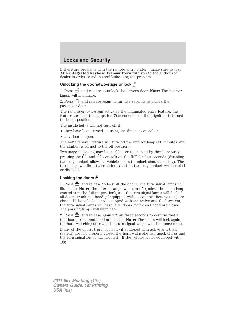 Unlocking the doors/two-stage unlock, Locking the doors, Locks and security | FORD 2011 Mustang v.1 User Manual | Page 106 / 348