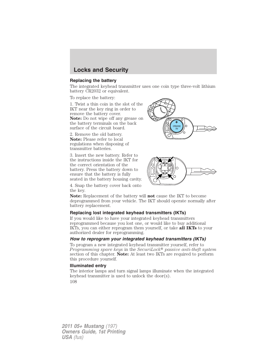 Replacing the battery, Illuminated entry, Locks and security | FORD 2011 Mustang v.1 User Manual | Page 108 / 348