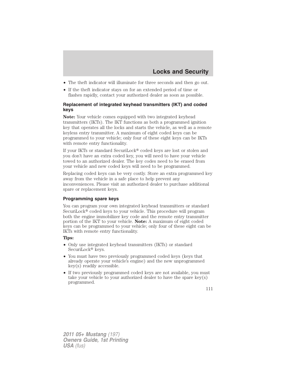 Programming spare keys, Locks and security | FORD 2011 Mustang v.1 User Manual | Page 111 / 348