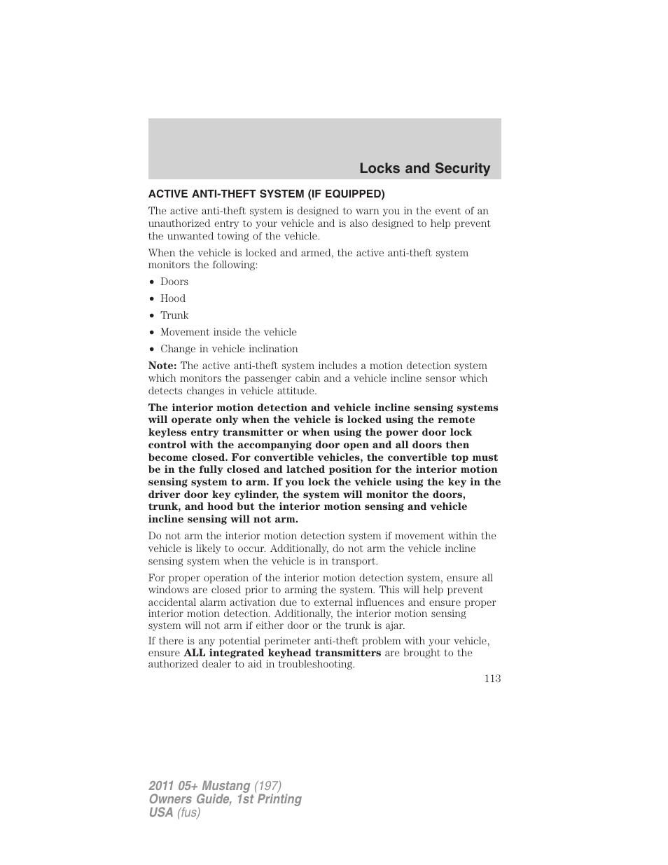 Active anti-theft system (if equipped), Locks and security | FORD 2011 Mustang v.1 User Manual | Page 113 / 348