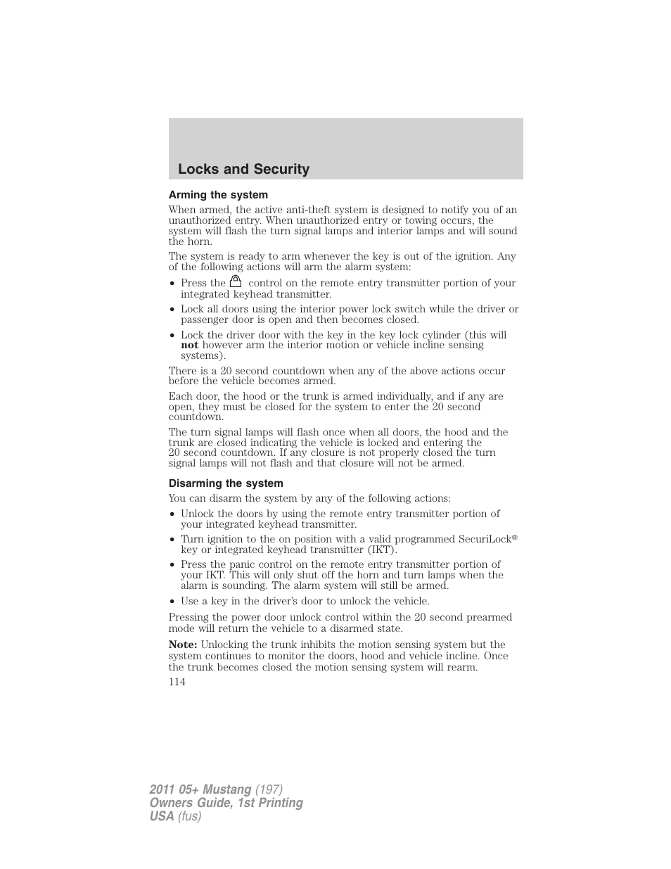 Arming the system, Disarming the system, Locks and security | FORD 2011 Mustang v.1 User Manual | Page 114 / 348