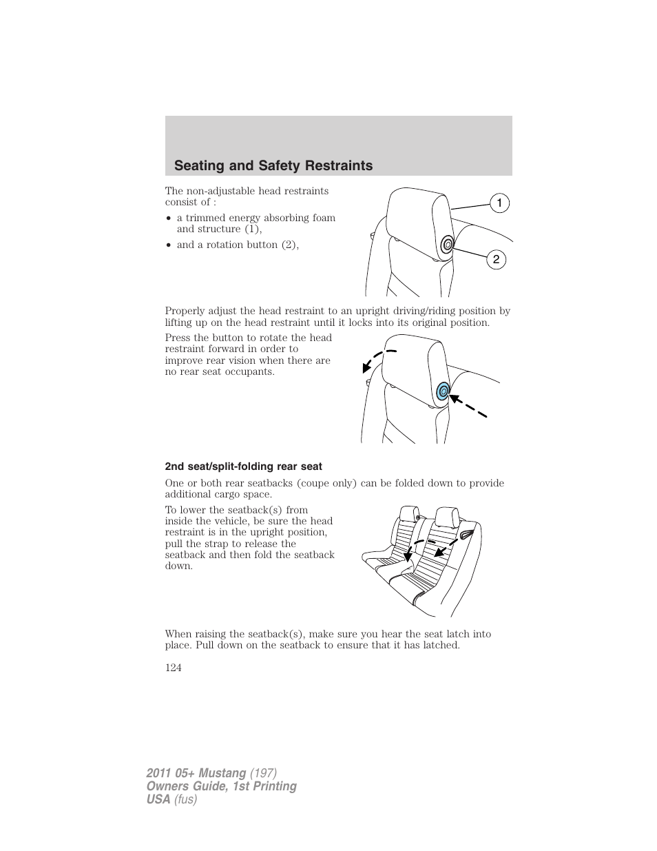 2nd seat/split-folding rear seat, Seating and safety restraints | FORD 2011 Mustang v.1 User Manual | Page 124 / 348