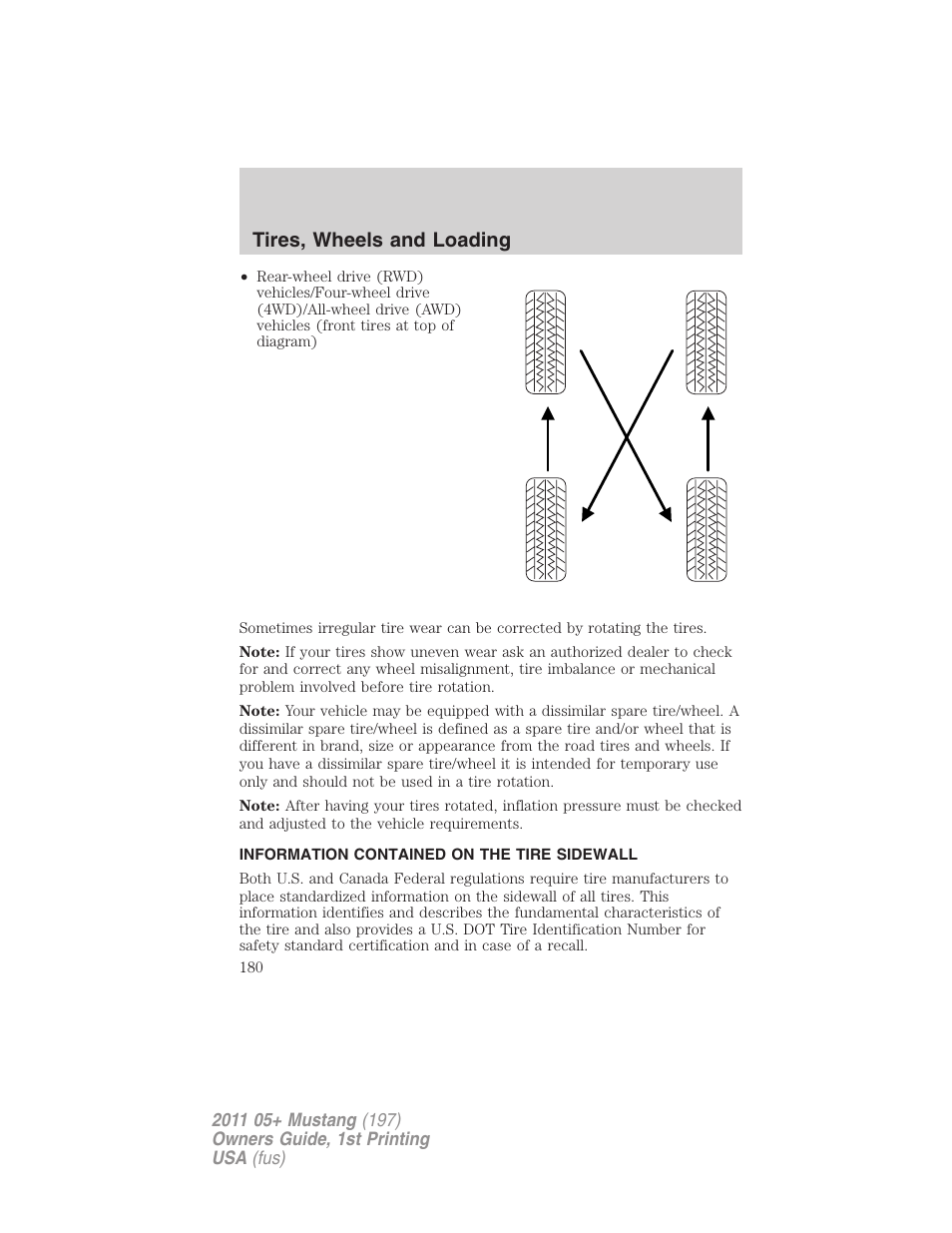Information contained on the tire sidewall, Tires, wheels and loading | FORD 2011 Mustang v.1 User Manual | Page 180 / 348