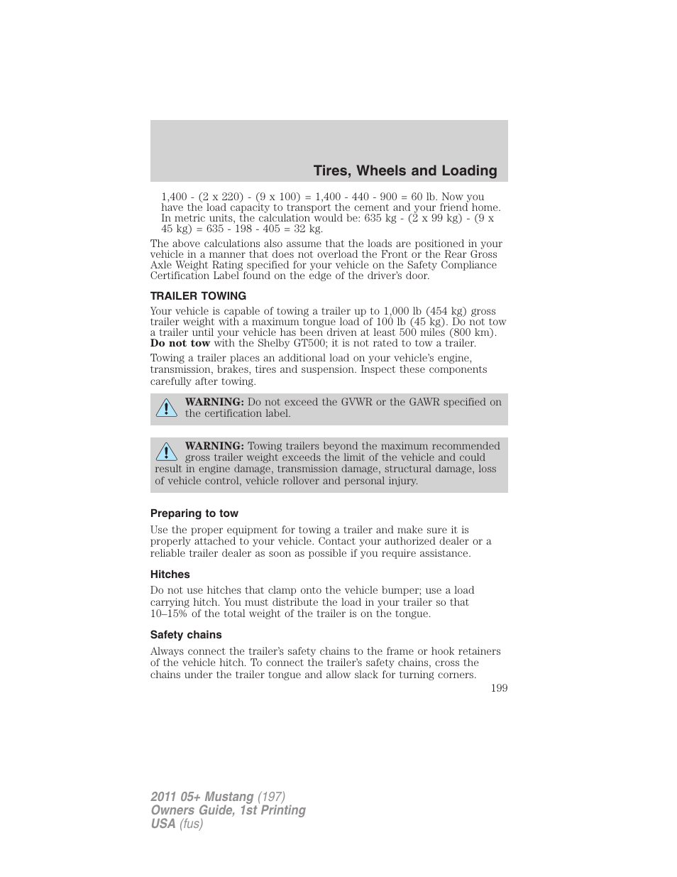 Trailer towing, Preparing to tow, Hitches | Safety chains, Tires, wheels and loading | FORD 2011 Mustang v.1 User Manual | Page 199 / 348