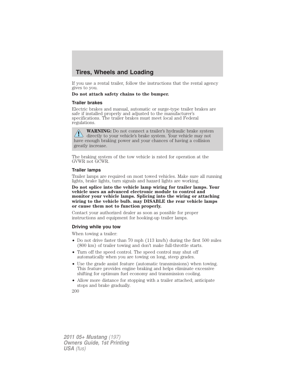 Trailer brakes, Trailer lamps, Driving while you tow | Tires, wheels and loading | FORD 2011 Mustang v.1 User Manual | Page 200 / 348