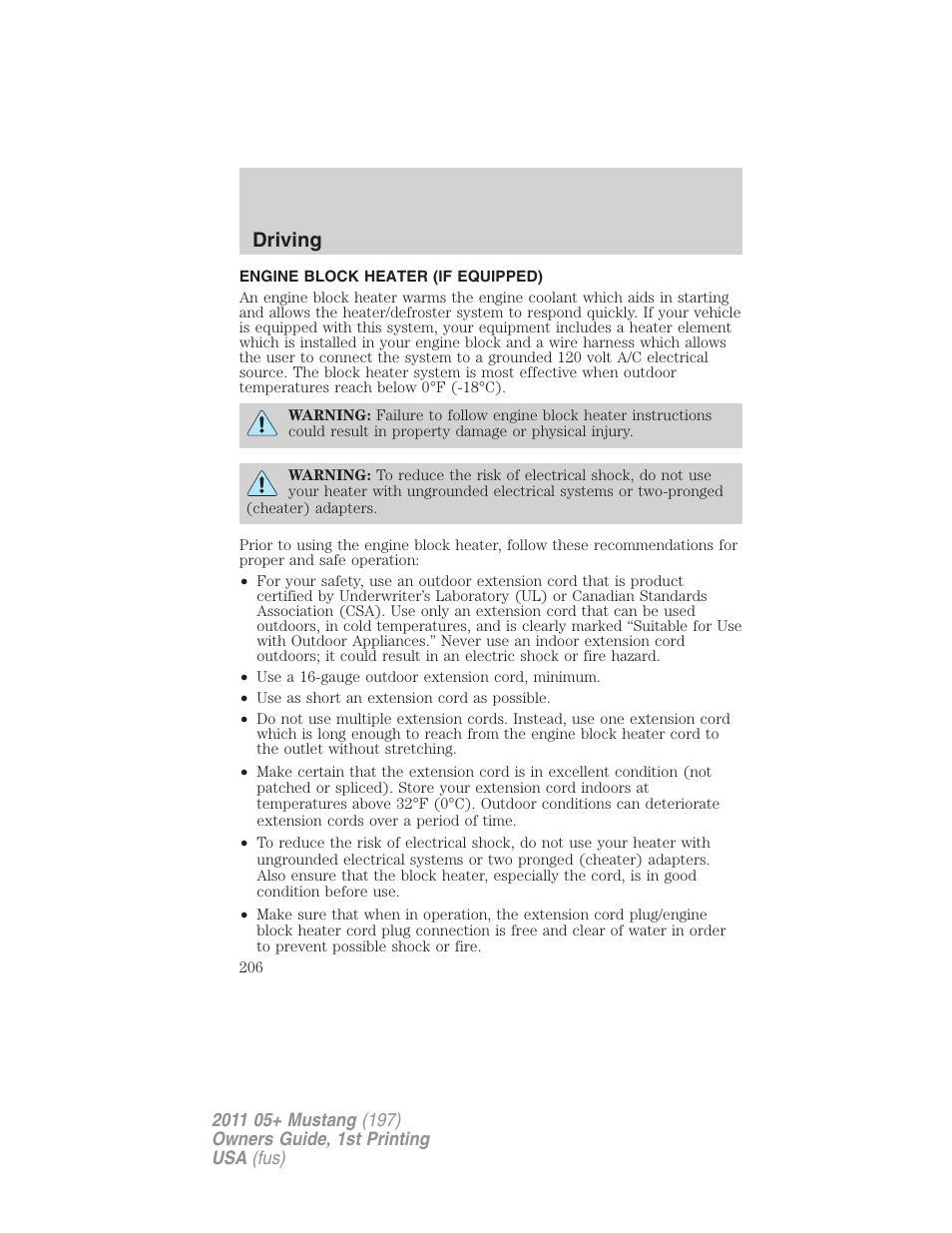 Engine block heater (if equipped), Driving | FORD 2011 Mustang v.1 User Manual | Page 206 / 348