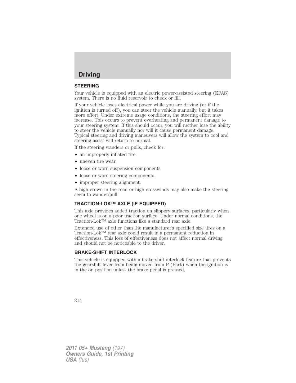 Steering, Traction-lok™ axle (if equipped), Brake-shift interlock | Driving | FORD 2011 Mustang v.1 User Manual | Page 214 / 348
