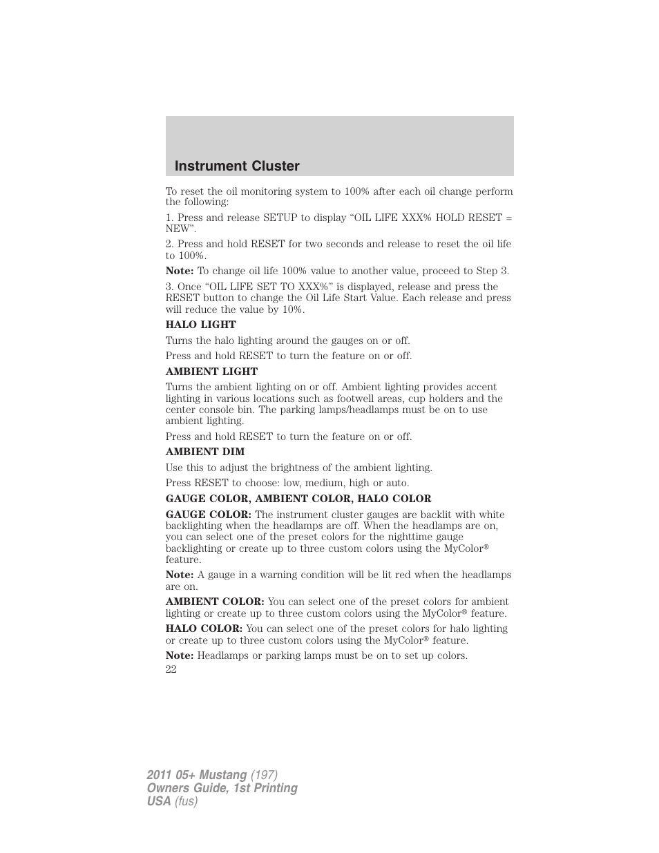 Instrument cluster | FORD 2011 Mustang v.1 User Manual | Page 22 / 348