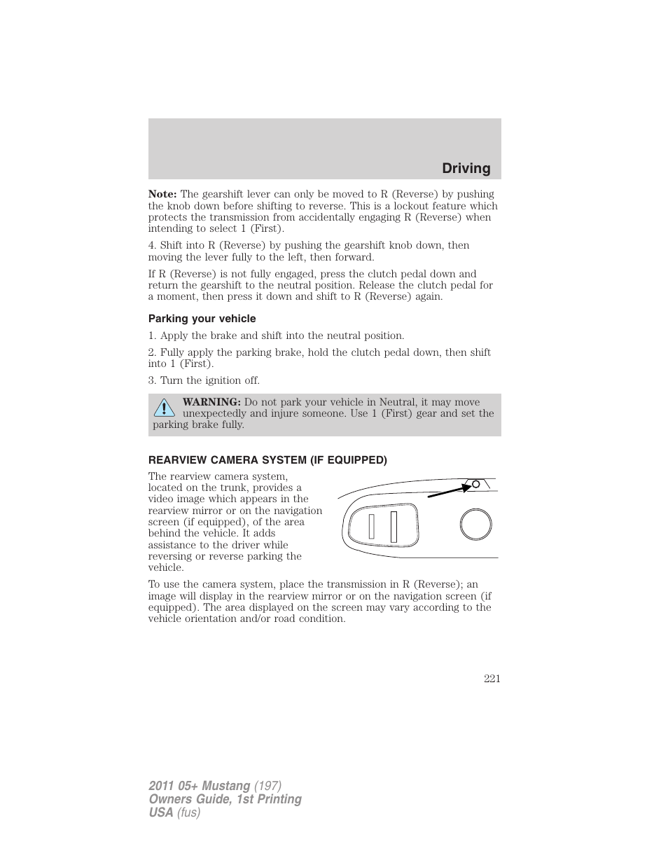 Parking your vehicle, Rearview camera system (if equipped), Rear-view camera system | Driving | FORD 2011 Mustang v.1 User Manual | Page 221 / 348