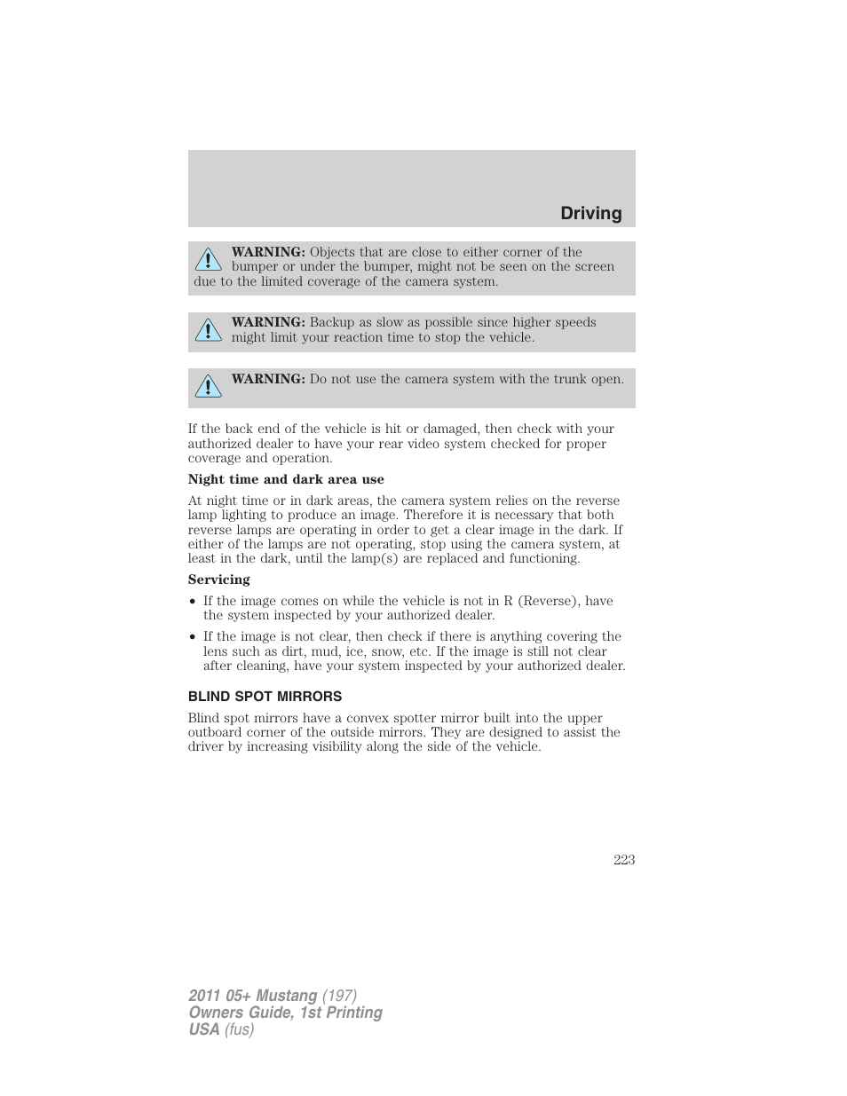 Blind spot mirrors, Driving | FORD 2011 Mustang v.1 User Manual | Page 223 / 348