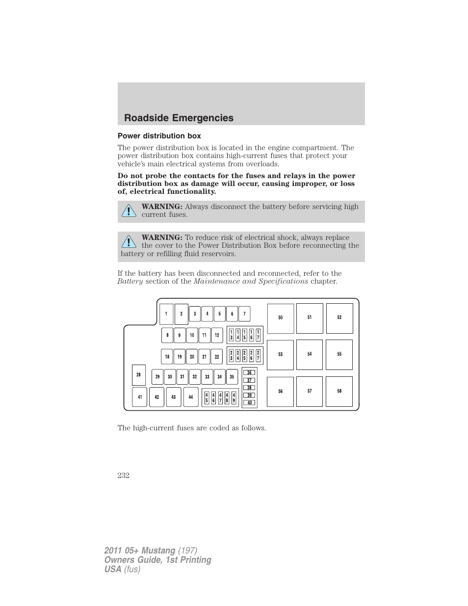 Power distribution box, Roadside emergencies | FORD 2011 Mustang v.1 User Manual | Page 232 / 348