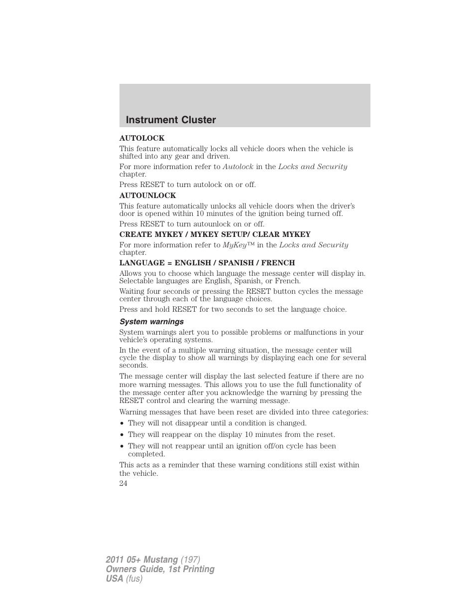 System warnings, Instrument cluster | FORD 2011 Mustang v.1 User Manual | Page 24 / 348