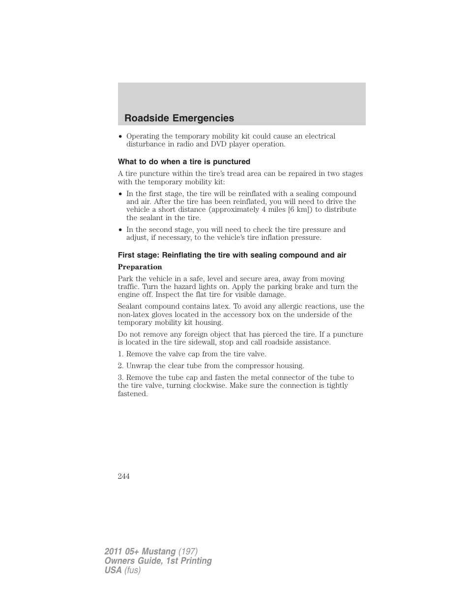 What to do when a tire is punctured, Roadside emergencies | FORD 2011 Mustang v.1 User Manual | Page 244 / 348