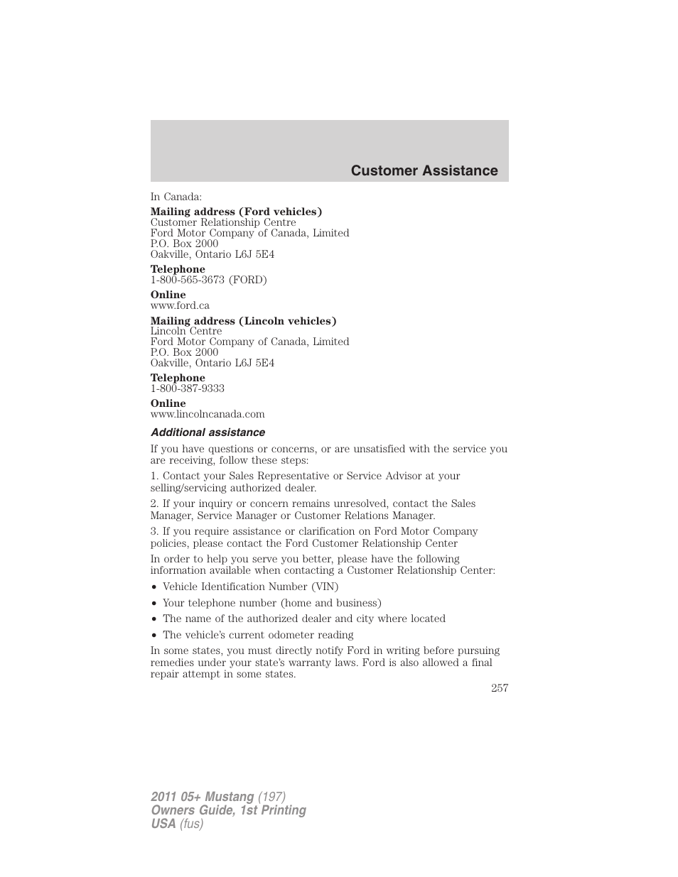 Additional assistance, Customer assistance | FORD 2011 Mustang v.1 User Manual | Page 257 / 348