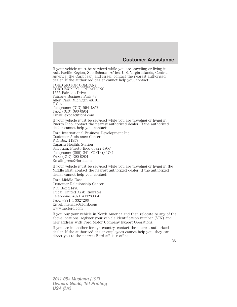 Customer assistance | FORD 2011 Mustang v.1 User Manual | Page 261 / 348