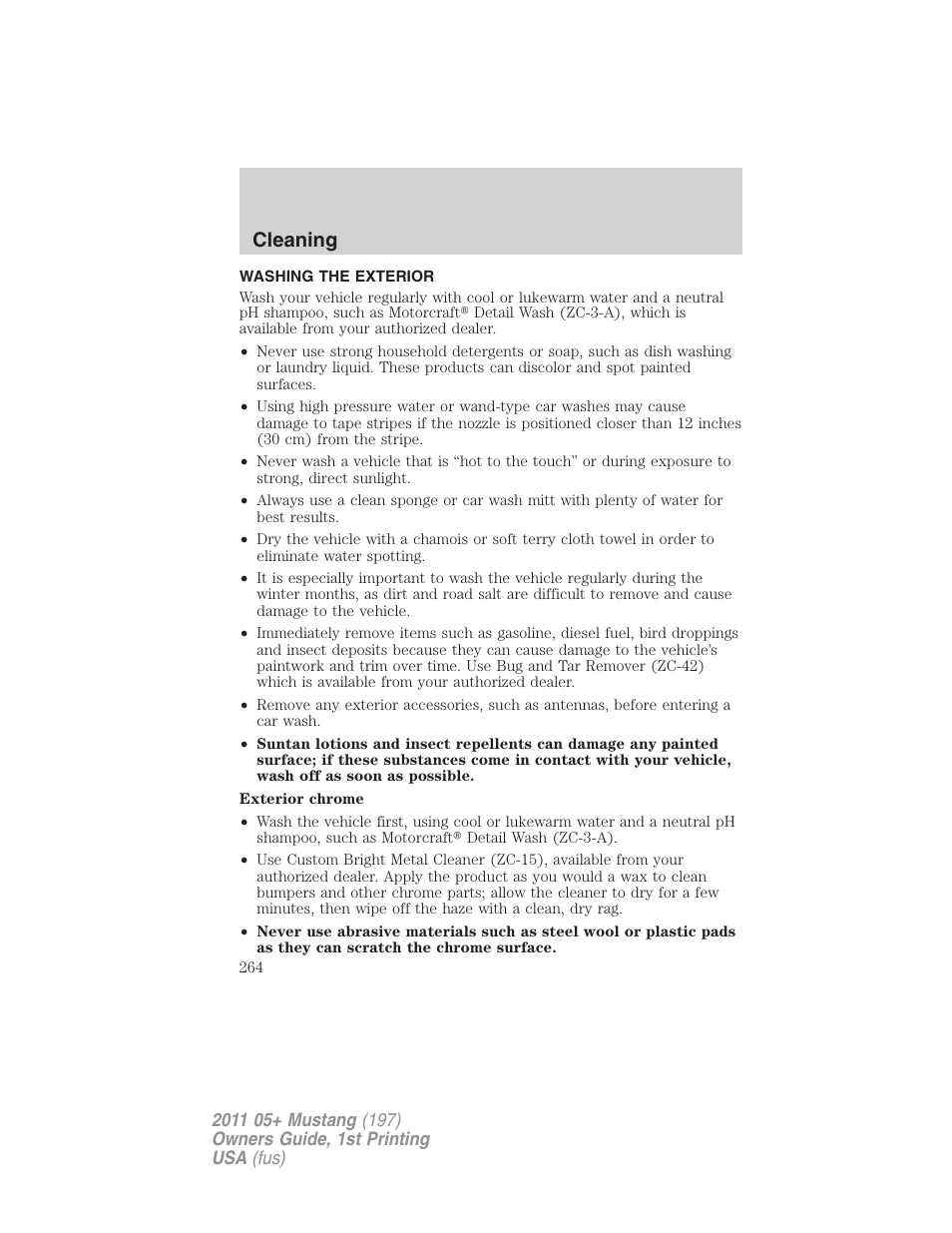 Cleaning, Washing the exterior | FORD 2011 Mustang v.1 User Manual | Page 264 / 348