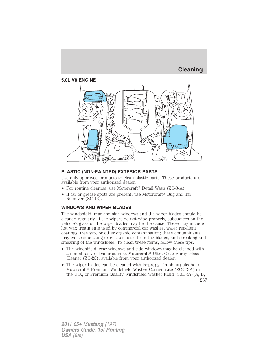 0l v8 engine, Plastic (non-painted) exterior parts, Windows and wiper blades | Cleaning | FORD 2011 Mustang v.1 User Manual | Page 267 / 348