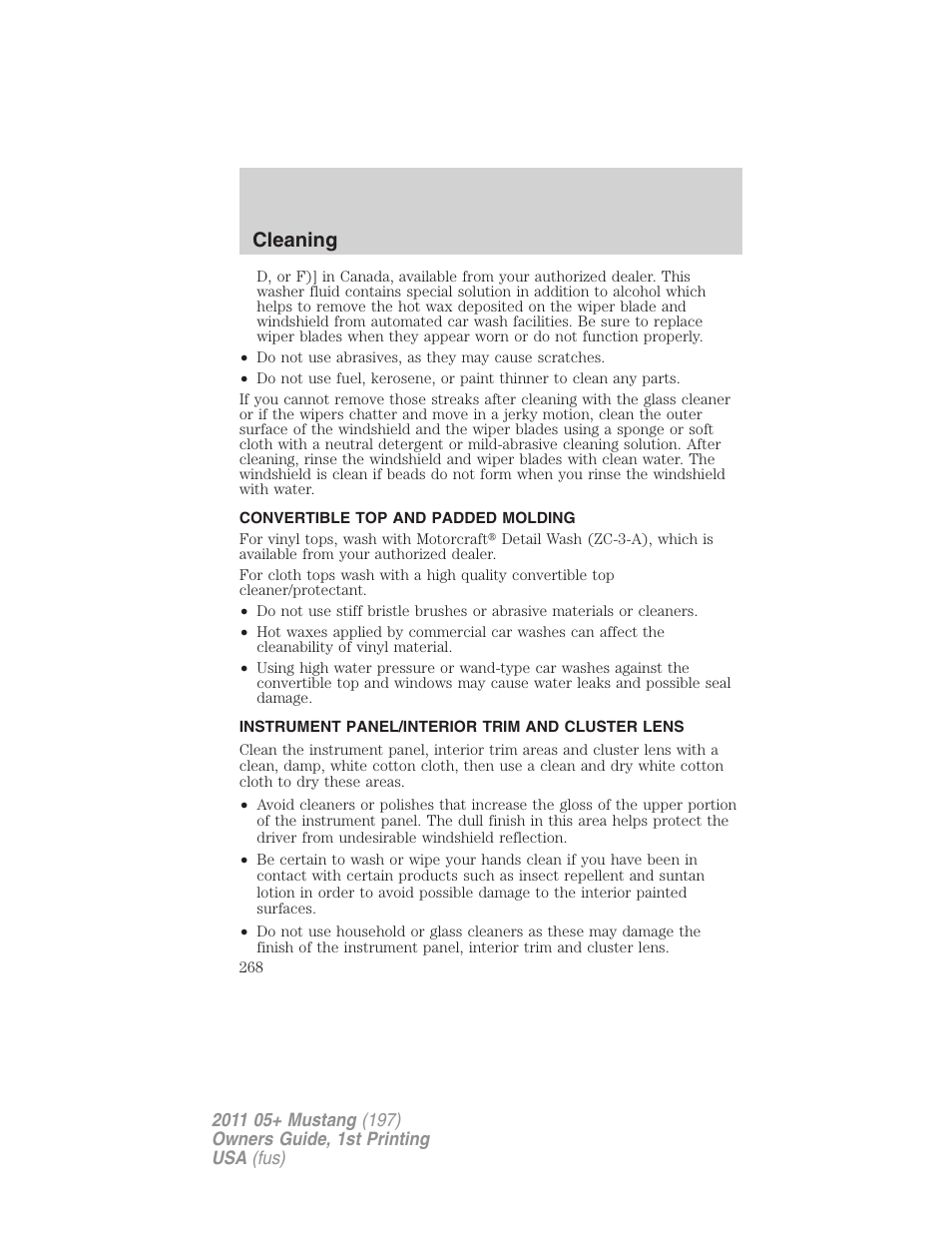 Convertible top and padded molding, Instrument panel/interior trim and cluster lens, Cleaning | FORD 2011 Mustang v.1 User Manual | Page 268 / 348