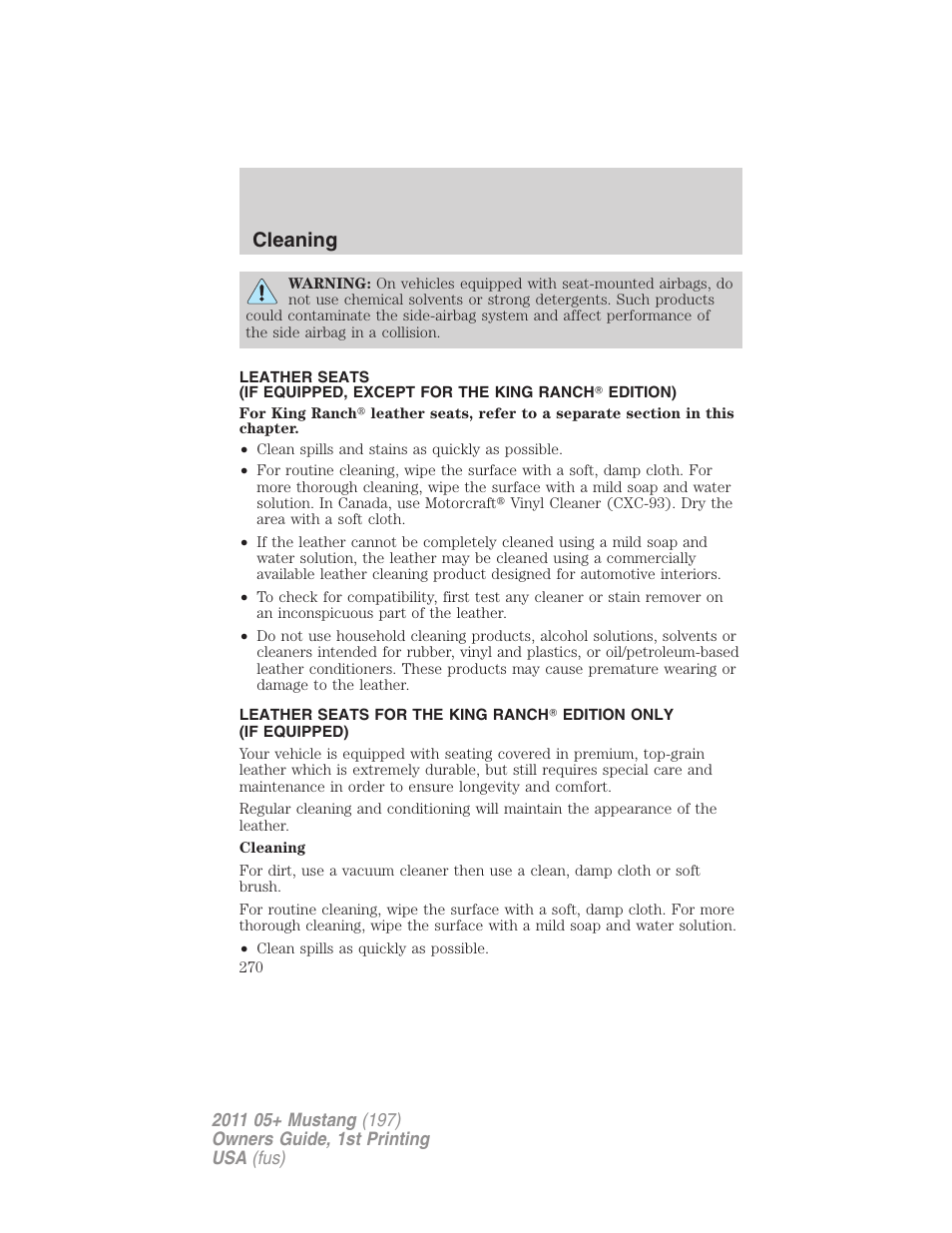 Cleaning | FORD 2011 Mustang v.1 User Manual | Page 270 / 348
