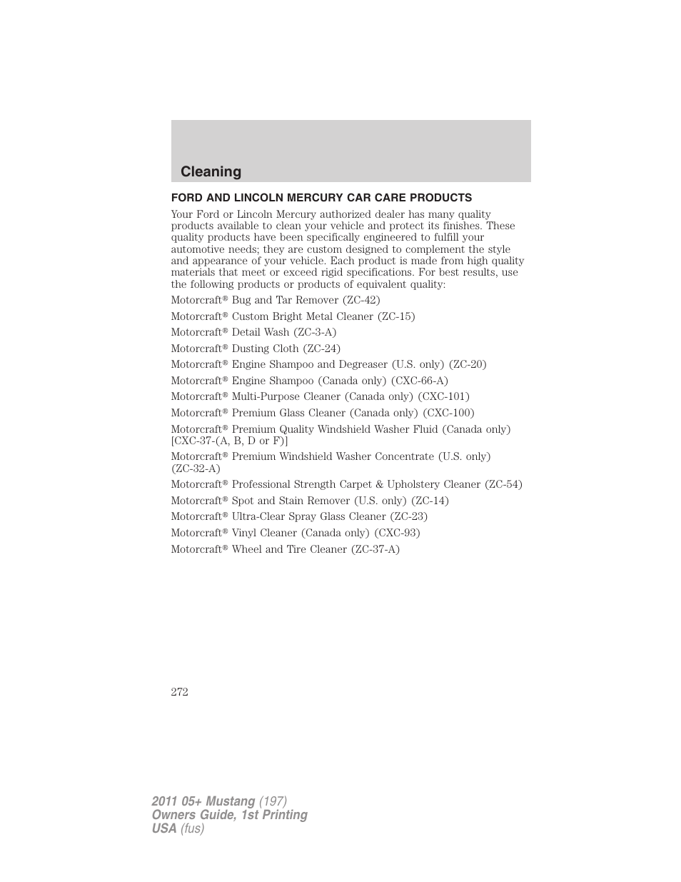 Ford and lincoln mercury car care products, Cleaning | FORD 2011 Mustang v.1 User Manual | Page 272 / 348
