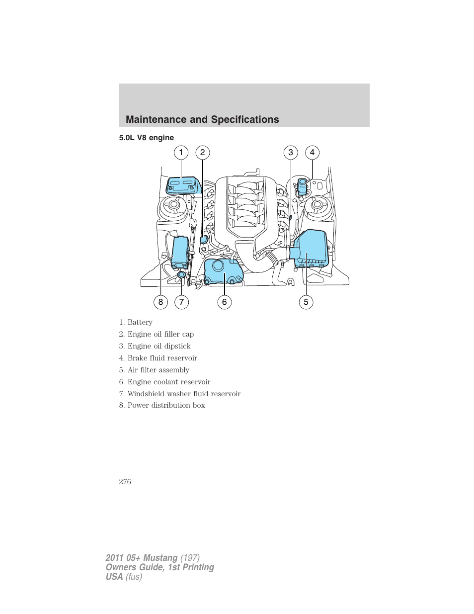 0l v8 engine, Maintenance and specifications | FORD 2011 Mustang v.1 User Manual | Page 276 / 348