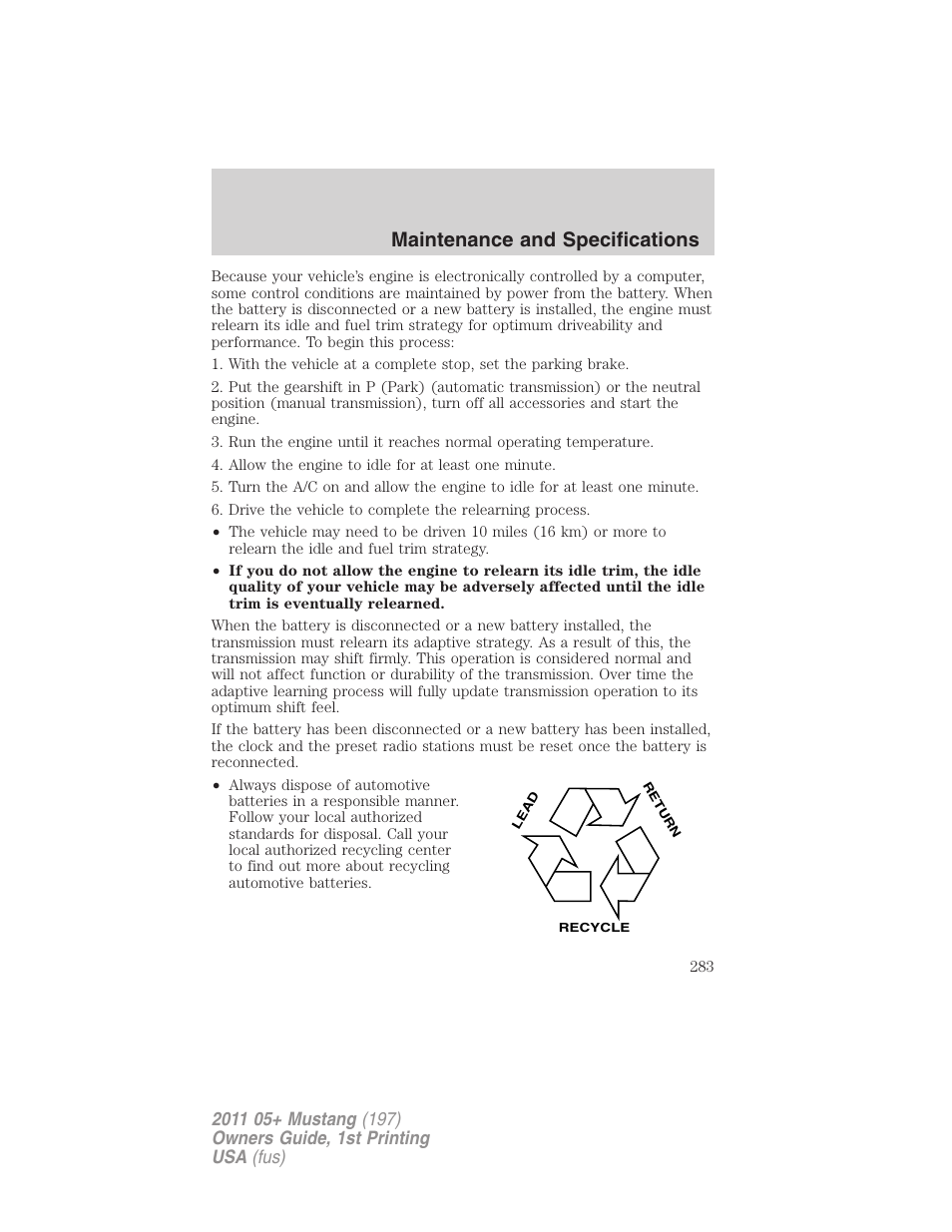 Maintenance and specifications | FORD 2011 Mustang v.1 User Manual | Page 283 / 348