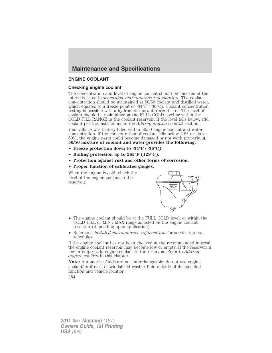 Engine coolant, Checking engine coolant, Maintenance and specifications | FORD 2011 Mustang v.1 User Manual | Page 284 / 348