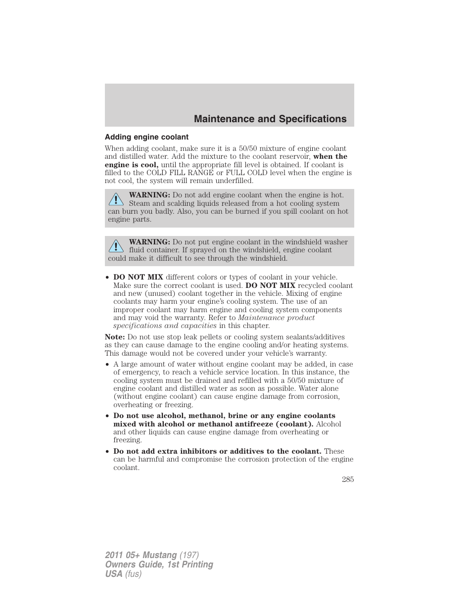 Adding engine coolant, Maintenance and specifications | FORD 2011 Mustang v.1 User Manual | Page 285 / 348