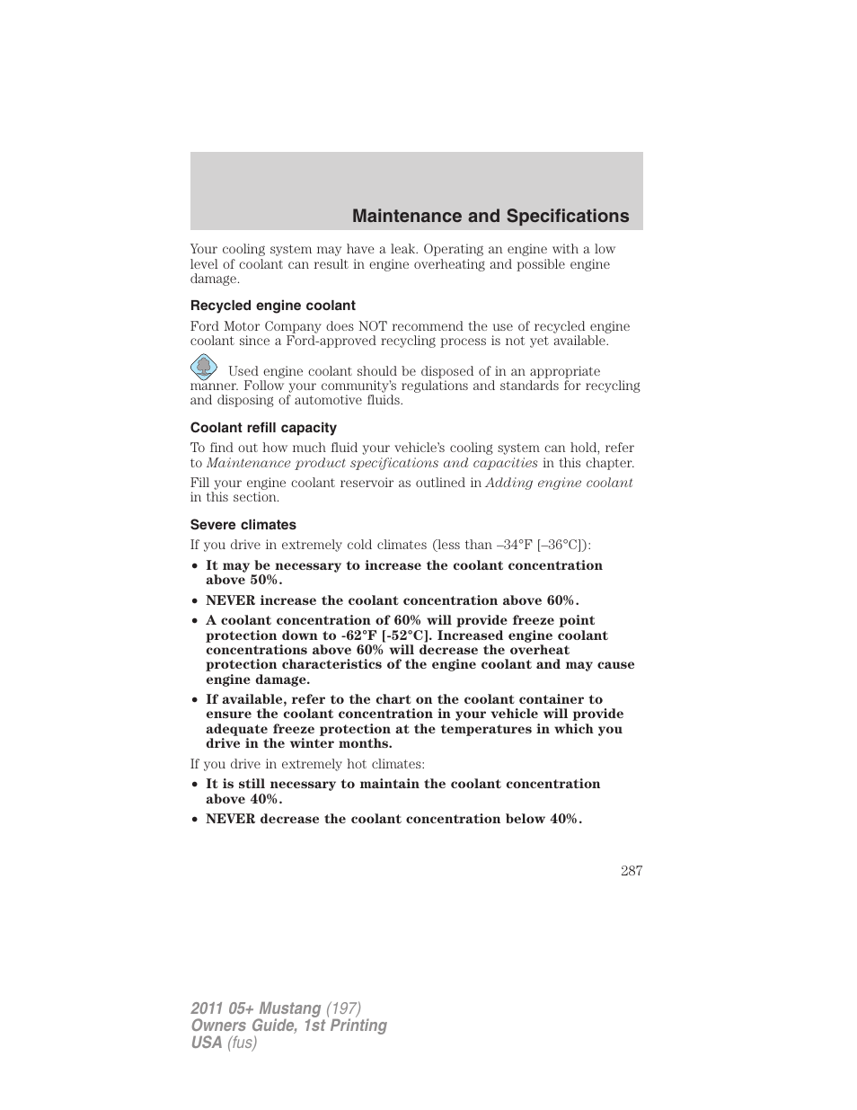 Recycled engine coolant, Coolant refill capacity, Severe climates | Maintenance and specifications | FORD 2011 Mustang v.1 User Manual | Page 287 / 348