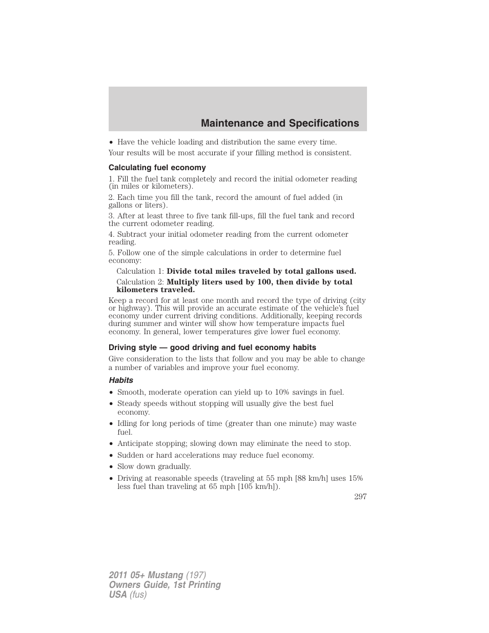 Calculating fuel economy, Habits, Maintenance and specifications | FORD 2011 Mustang v.1 User Manual | Page 297 / 348