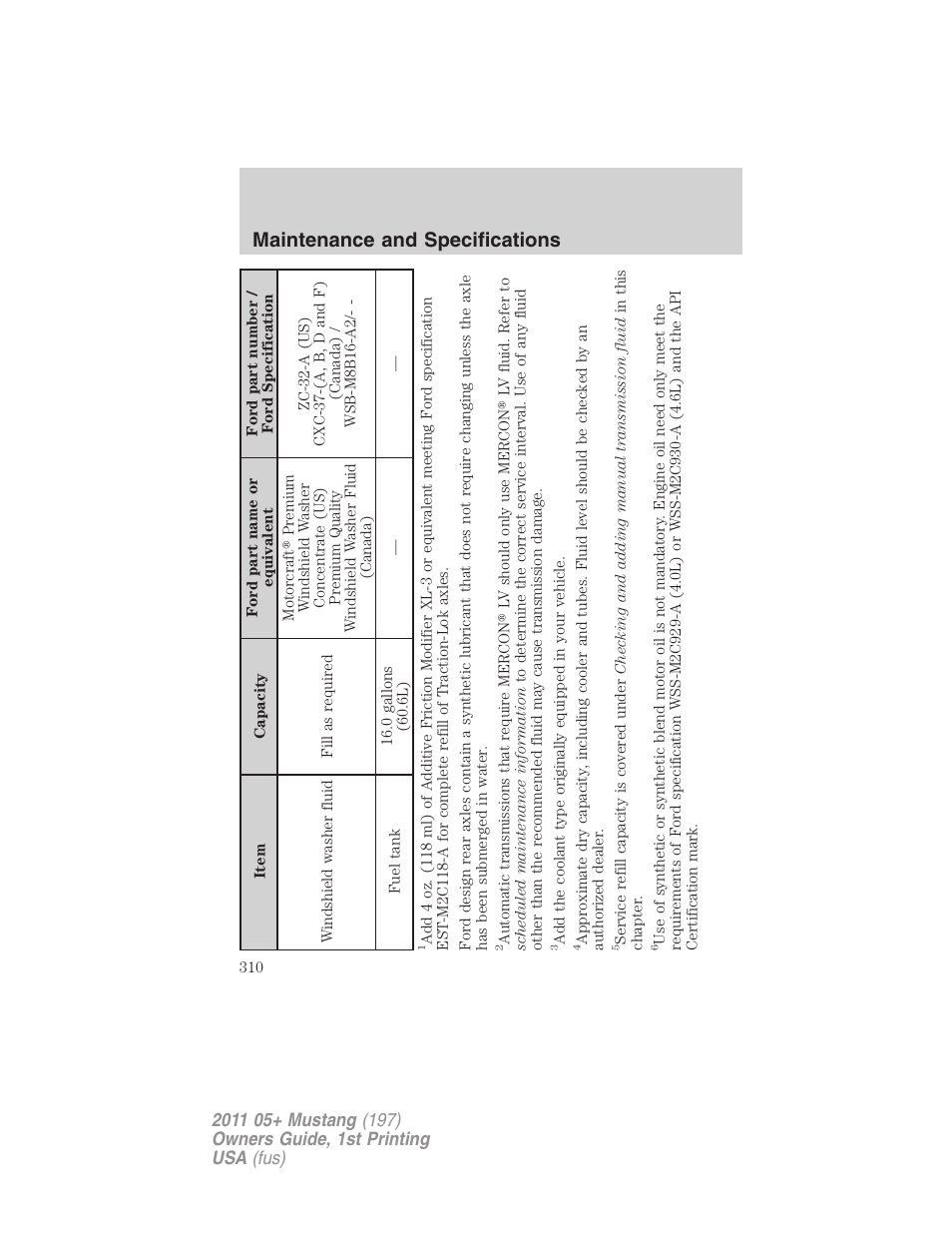 Maintenance and specifications | FORD 2011 Mustang v.1 User Manual | Page 310 / 348