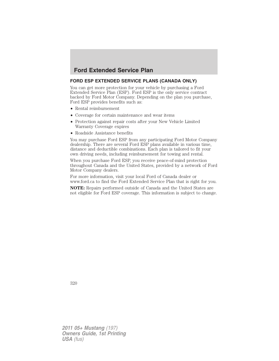 Ford esp extended service plans (canada only), Ford extended service plan | FORD 2011 Mustang v.1 User Manual | Page 320 / 348