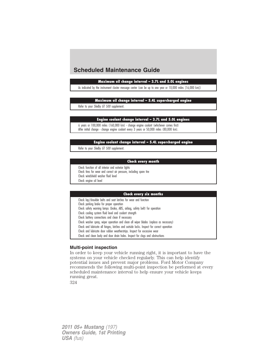 Multi-point inspection, Scheduled maintenance guide | FORD 2011 Mustang v.1 User Manual | Page 324 / 348